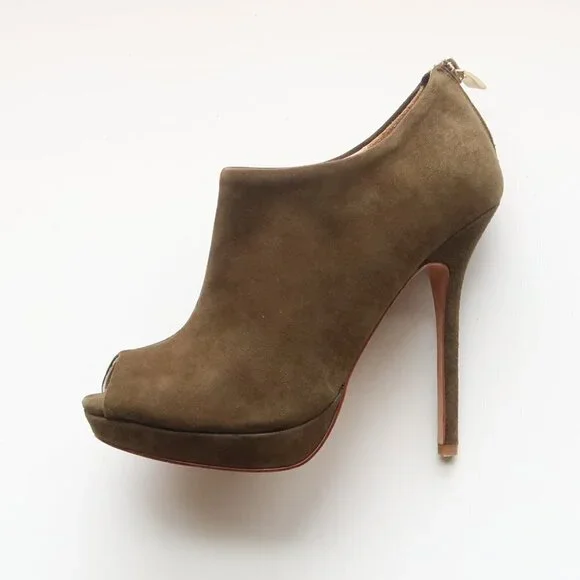 Pour La Victoire Moss Green Suede Leather Peep Toe Stiletto Heel Bootie Shoes 6 - Picture 8 of 15